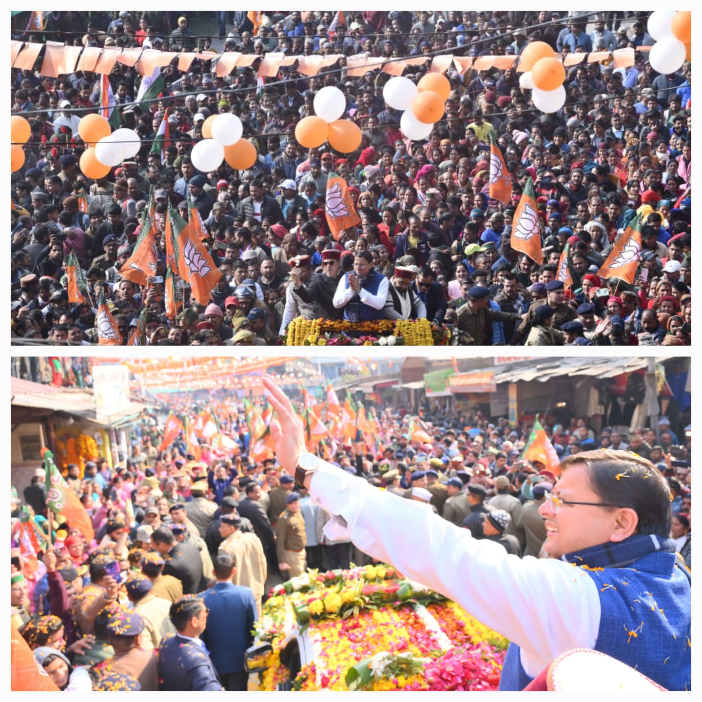 इस रोड-शो में फूलों की वर्षा, हर्षोल्लास के साथ धामी  जी  का भव्य स्वागत  हर कोई झूमता-थिरकता नजर आया