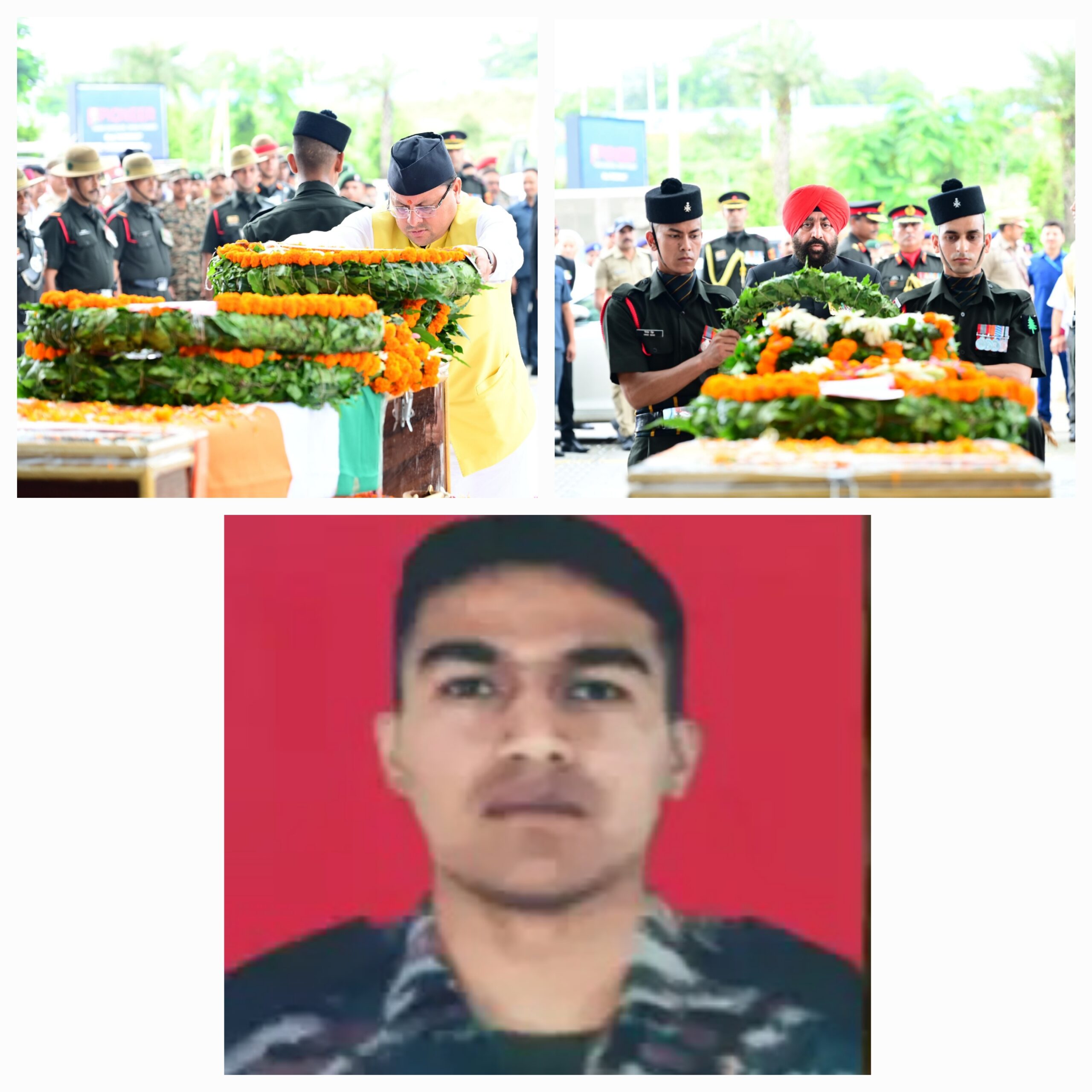 डोडा, जम्मू कश्मीर में आतंकवादियों से मुठभेड़ के दौरान शहीद हुए 48 राष्ट्रीय राइफल के कैप्टन दीपक सिंह का पार्थिव शरीर पर राज्यपाल लेफ्टिनेंट जनरल गुरमीत सिंह (से नि) एवं मुख्यमंत्री धामी ने उनके पार्थिव शरीर पर पुष्प चक्र अर्पित किए